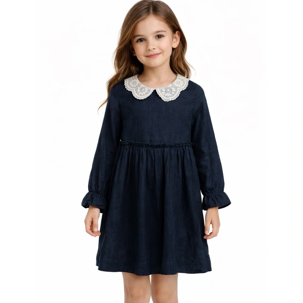 Bonpoint Kids little girls 100% cotton lace Peter pan collar black Dress NEW